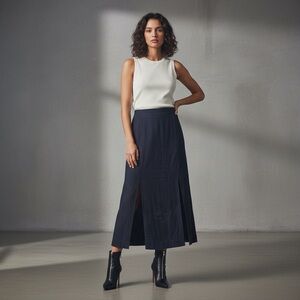 Joie blue maxi skirt front slits linen blend size XL